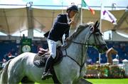 14 August 2024; Bertram Allen of Ireland on Gary de Cerisy after placing eighth in the Speed Stakes during the Dublin Horse Show 2024 at the RDS in Dublin. Photo by Shauna Clinton/Sportsfile