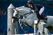 14 August 2024; Wilma Hellstrom of Sweden competing on Cicci Bin in the Speed Stakes during the Dublin Horse Show 2024 at the RDS in Dublin. Photo by Shauna Clinton/Sportsfile