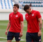 15 August 2024; Kian Leavy of St Patrick's Athletic, left, before the UEFA Conference League third qualifying round second leg match between Sabah and St Patrick's Athletic at Alinja Stadium in Baku, Azerbaijan. Photo by Ehtiram Jabi/Sportsfile