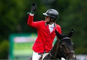 16 August 2024; Martin Fuchs of Switzerland, competing on Conner Jei, acknowledges the crowd after his run during Aga Khan Day at the Dublin Horse Show at the RDS Arena in Dublin. Photo by David Fitzgerald/Sportsfile