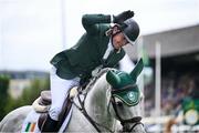 16 August 2024; Darragh Kenny of Ireland, competing on VDL Cartello, during Aga Khan Day at the Dublin Horse Show at the RDS Arena in Dublin. Photo by David Fitzgerald/Sportsfile