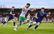 16 August 2024; Seani Maguire of Cork City in action against Ben Doherty of Derry City during the Sports Direct Men’s FAI Cup third round match between Cork City and Derry City at Turner's Cross in Cork. Photo by Piaras Ó Mídheach/Sportsfile