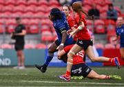 17 August 2024; Linda Djougang of Leinster in action against Aoife Corey of Munster during the Vodafone Women’s Interprovincial Championship Round Two match between Munster and Leinster at Virgin Media Park in Cork. Photo by Shauna Clinton/Sportsfile