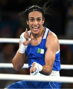 6 August 2024; Imane Khelif of Team Algeria celebrates after defeating Janjaem Suwannapheng of Team Thailand during their women's 66kg semi-final bout at Court Philippe-Chatrier in Roland Garros Stadium during the 2024 Paris Summer Olympic Games in Paris, France. Photo by Brendan Moran/Sportsfile