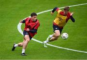 21 August 2024; Kian Leavy, left, and Chris Forrester during a St Patrick's Athletic training session at Tallaght Stadium in Dublin. Photo by Seb Daly/Sportsfile