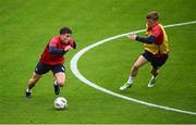 21 August 2024; Kian Leavy, left, and Chris Forrester during a St Patrick's Athletic training session at Tallaght Stadium in Dublin. Photo by Seb Daly/Sportsfile