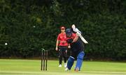 22 August 2024; Paul Stirling of Northern Knights loses his wicket to the bowling of Liam McCarthy of Munster Reds during the Cricket Ireland Inter-Provincial Cup match between Munster Reds and Northern Knights at The Mardyke in Cork. Photo by Matt Browne/Sportsfile
