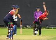 22 August 2024; Peter Francis of Munster Reds bowles to Paul Stirling of Northern Knights during the Cricket Ireland Inter-Provincial Cup match between Munster Reds and Northern Knights at The Mardyke in Cork. Photo by Matt Browne/Sportsfile