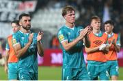 22 August 2024; Shamrock Rovers players Dan Cleary, right, and Roberto Lopes after the UEFA Europa League play-off first leg match between PAOK and Shamrock Rovers at Toumba Stadium in Thessaloniki, Greece. Photo by John Moisiadis/Sportsfile