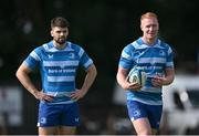 23 August 2024; Ciarán Frawley, right, and Harry Byrne during a Leinster Rugby squad open training session at New Ross RFC in Wexford. Photo by Seb Daly/Sportsfile