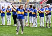 4 August 2024; Josie Keane, from Mullinahone, of the Tipperary team of 1974, who won the first All-Ireland Ladies Senior Football Championship final, as they are introduced to the crowd at half-time during the TG4 All-Ireland Ladies Football Intermediate Championship final match between Leitrim and Tyrone at Croke Park in Dublin. Photo by Piaras Ó Mídheach/Sportsfile