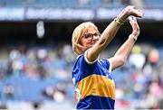 4 August 2024; Noreen Blake from Golden of the Tipperary team of 1974, who won the first All-Ireland Ladies Senior Football Championship final, as they are introduced to the crowd at half-time during the TG4 All-Ireland Ladies Football Intermediate Championship final match between Leitrim and Tyrone at Croke Park in Dublin. Photo by Piaras Ó Mídheach/Sportsfile