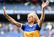 4 August 2024; Noreen Blake from Golden of the Tipperary team of 1974, who won the first All-Ireland Ladies Senior Football Championship final, as they are introduced to the crowd at half-time during the TG4 All-Ireland Ladies Football Intermediate Championship final match between Leitrim and Tyrone at Croke Park in Dublin. Photo by Piaras Ó Mídheach/Sportsfile