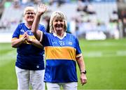 4 August 2024; Ann Clohessy from Moycarkey, of the Tipperary team of 1974, who won the first All-Ireland Ladies Senior Football Championship final, as they are introduced to the crowd at half-time during the TG4 All-Ireland Ladies Football Intermediate Championship final match between Leitrim and Tyrone at Croke Park in Dublin. Photo by Piaras Ó Mídheach/Sportsfile