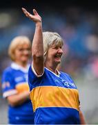 4 August 2024; Ann Clohessy from Moycarkey, of the Tipperary team of 1974, who won the first All-Ireland Ladies Senior Football Championship final, as they are introduced to the crowd at half-time during the TG4 All-Ireland Ladies Football Intermediate Championship final match between Leitrim and Tyrone at Croke Park in Dublin. Photo by Seb Daly/Sportsfile