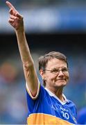 4 August 2024; Ann Bryan, from Moycarkey, of the Tipperary team of 1974, who won the first All-Ireland Ladies Senior Football Championship final, as they are introduced to the crowd at half-time during the TG4 All-Ireland Ladies Football Intermediate Championship final match between Leitrim and Tyrone at Croke Park in Dublin. Photo by Seb Daly/Sportsfile