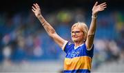 4 August 2024; Noreen Blake from Golden of the Tipperary team of 1974, who won the first All-Ireland Ladies Senior Football Championship final, as they are introduced to the crowd at half-time during the TG4 All-Ireland Ladies Football Intermediate Championship final match between Leitrim and Tyrone at Croke Park in Dublin. Photo by Seb Daly/Sportsfile