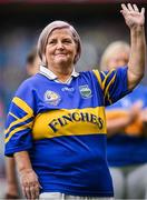 4 August 2024;  Ena Hackett from Newcastle, represented today by her relative, Mary Strappe, of the Tipperary team of 1974, who won the first All-Ireland Ladies Senior Football Championship final, as they are introduced to the crowd at half-time during the TG4 All-Ireland Ladies Football Intermediate Championship final match between Leitrim and Tyrone at Croke Park in Dublin. Photo by Seb Daly/Sportsfile