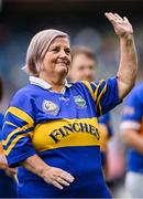 4 August 2024;  Ena Hackett from Newcastle, represented today by her relative, Mary Strappe, of the Tipperary team of 1974, who won the first All-Ireland Ladies Senior Football Championship final, as they are introduced to the crowd at half-time during the TG4 All-Ireland Ladies Football Intermediate Championship final match between Leitrim and Tyrone at Croke Park in Dublin. Photo by Seb Daly/Sportsfile
