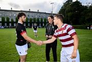 23 August 2024; Danny Bennett of FSU and Peter Symington of Dublin University before a exhibition match between Florida State University Men’s Rugby Club and Dublin University at Trinity College in Dublin, ahead of the 2024 Aer Lingus College Football Classic match between Florida State and Georgia Tech at the Aviva Stadium this Saturday. Photo by Sam Barnes/Sportsfile