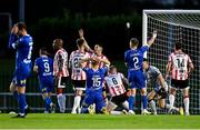 23 August 2024; Darragh Leahy of Waterford, 15, reacts after a missed chance during the SSE Airtricity Men's Premier Division match between Waterford and Derry City at the Regional Sports Centre in Waterford. Photo by Piaras Ó Mídheach/Sportsfile