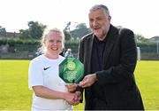 24 August 2024; Caitriona McGilp of Cabinteely is presented with the Player of the Match award by FAI president Paul Cooke after the FAI Women’s Amateur Shield Final match between Cabinteely and Dungarvan United at Travers Insurances Park in Arklow, Wicklow. Photo by Seb Daly/Sportsfile