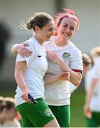 24 August 2024; Cabinteely players Rachel Keyes, left, and Chloe O’Brien celebrate after their side's victory in the FAI Women’s Amateur Shield Final match between Cabinteely and Dungarvan United at Travers Insurances Park in Arklow, Wicklow. Photo by Seb Daly/Sportsfile