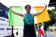 24 August 2024; Paul O'Donovan of Ireland celebrates on the podium after winning the lightweight men's single sculls final at the World Rowing Championships at Royal Canadian Henley Rowing Course in St Catharines, Canada. Photo by Stephen Leithwood/Sportsfile