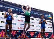 24 August 2024; The lightweight men's single sculls medallists from left, Antonios Papakonstantinou of Greece, silver, Paul O'Donovan of Ireland, gold, and Niels Torre of Italy, bronze after the lightweight men's single sculls final at the World Rowing Championships at Royal Canadian Henley Rowing Course in St Catharines, Canada. Photo by Stephen Leithwood/Sportsfile