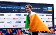 24 August 2024; Paul O'Donovan of Ireland celebrates on the podium after winning the lightweight men's single sculls final at the World Rowing Championships at Royal Canadian Henley Rowing Course in St Catharines, Canada. Photo by Stephen Leithwood/Sportsfile