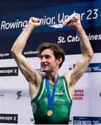 24 August 2024; Paul O'Donovan of Ireland celebrates on the podium with his gold medal after winning the lightweight men's single sculls final at the World Rowing Championships at Royal Canadian Henley Rowing Course in St Catharines, Canada. Photo by Stephen Leithwood/Sportsfile