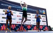 24 August 2024; Paul O'Donovan of Ireland celebrates on the podium after winning the lightweight men's single sculls final at the World Rowing Championships at Royal Canadian Henley Rowing Course in St Catharines, Canada. Photo by Stephen Leithwood/Sportsfile