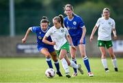 24 August 2024; Claire O’Reilly of Cabinteely in action against Hayley Phelan of Dungarvan United during the FAI Women’s Amateur Shield Final match between Cabinteely and Dungarvan United at Travers Insurances Park in Arklow, Wicklow. Photo by Seb Daly/Sportsfile