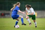 24 August 2024; Aisling Driver of Cabinteely in action against Rebecca Hogan of Dungarvan United during the FAI Women’s Amateur Shield Final match between Cabinteely and Dungarvan United at Travers Insurances Park in Arklow, Wicklow. Photo by Seb Daly/Sportsfile