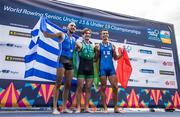 24 August 2024; Paul O'Donovan of Ireland celebrates on the podium with Antonios Papakonstantinou of Greece, and Niels Torre of Italy after the lightweight men's single sculls final at the World Rowing Championships at Royal Canadian Henley Rowing Course in St Catharines, Canada. Photo by Stephen Leithwood/Sportsfile