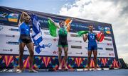 24 August 2024; Paul O'Donovan of Ireland celebrates on the podium with Antonios Papakonstantinou of Greece, and Niels Torre of Italy after the lightweight men's single sculls final at the World Rowing Championships at Royal Canadian Henley Rowing Course in St Catharines, Canada. Photo by Stephen Leithwood/Sportsfile