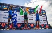 24 August 2024; Paul O'Donovan of Ireland celebrates on the podium with Antonios Papakonstantinou of Greece, and Niels Torre of Italy after the lightweight men's single sculls final at the World Rowing Championships at Royal Canadian Henley Rowing Course in St Catharines, Canada. Photo by Stephen Leithwood/Sportsfile