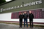 25 August 2024; New joint Offaly county football managers Mickey Harte and Declan Kelly, right, with Offaly County Board chairman Michael Duignan before the Offaly Senior Club Football Championship Group 1 Round 3 match between Rhode and Tullamore at Daingean GAA Club in Offaly. Photo by Brendan Moran/Sportsfile