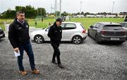 25 August 2024; New joint Offaly county football manager Mickey Harte arrives with Offaly County Board chairman Michael Duignan before the Offaly Senior Club Football Championship Group 1 Round 3 match between Rhode and Tullamore at Daingean GAA Club in Offaly. Photo by Brendan Moran/Sportsfile