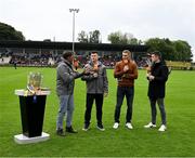 25 August 2024; TG4's Micheál Ó Domhnaill, left, with from left, Paul Flanagan, David McInerney and Tony Kelly before the Clare Senior Hurling Club Championship Group 1 Round 2 match between Clonlara and Éire Óg Ennis at Pairc an Dalaigh in Tulla, Clare. Photo by Ray McManus/Sportsfile