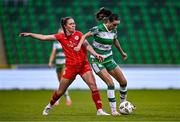 26 August 2024; Aoife Kelly of Shamrock Rovers in action against Leah Doyle of Shelbourne during the Sports Direct Women's FAI Cup quarter-final match between Shamrock Rovers and Shelbourne at Tallaght Stadium in Dublin. Photo by Ben McShane/Sportsfile