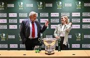 27 August 2024; FAI President Paul Cooke and Republic of Ireland international Jamie Finn during the Sports Direct Women's FAI Cup semi-final draw at the FAI Headquarters in Abbotstown, Dublin. Photo by Ben McShane/Sportsfile