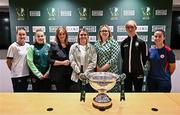 27 August 2024; In attendance, from left, Rachel Graham of Shelbourne, Orlaith O'Mahony of Cork City, Sharon Lancaster, Marketing Manager, Frasers Group, on behalf of Sports Direct, Republic of Ireland international Jamie Finn, Ciara Murray, Head of Marketing, Sports Direct, Katie Keane of Athlone Town and Eimear Lafferty of Sligo Rovers after the Sports Direct Women's FAI Cup semi-final draw at the FAI Headquarters in Abbotstown, Dublin. Photo by Ben McShane/Sportsfile