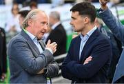 24 August 2024; Aer Lingus College Classic promoter Padraic O'Kane, left, and Minister for Finance Jack Chambers TD during the 2024 Aer Lingus College Football Classic match between Florida State and Georgia Tech at Aviva Stadium in Dublin. Photo by Brendan Moran/Sportsfile