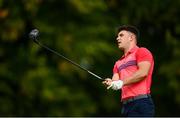 28 August 2024; Galway footballer Tomó Culhane watches his drive from the 11th teebox during the Pro AM before the KPMG Women’s Irish Open 2024 at Carton House Golf Club in Maynooth, Kildare. Photo by Tyler Miller/Sportsfile