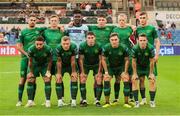 28 August 2024; The St Patrick's Athletic team, back row, from left, Zach Elbouzedi, Chris Forrester, goalkeeper Joseph Anang, Joe Redmond, Tom Grivosti and Mason Melia, with, front row, Jake Mulraney, Jamie Lennon, Kian Leavy, Anto Breslin and Axel Sjoberg before the UEFA Conference League play-off second leg match between Istanbul Basaksehir and St Patrick's Athletic at Basaksehir Faith Terim Stadium in Istanbul, Türkiye. Photo by Ozan Emre Oktay/Sportsfile