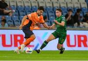 28 August 2024; Berkay Özcan of Basaksehir in action against Kian Leavy of St Patrick's Athletic during the UEFA Conference League play-off second leg match between Istanbul Basaksehir and St Patrick's Athletic at Basaksehir Faith Terim Stadium in Istanbul, Türkiye. Photo by Ozan Emre Oktay/Sportsfile