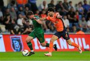 28 August 2024; Kian Leavy of St Patrick's Athletic in action against Onur Ergün of Istanbul Basaksehir during the UEFA Conference League play-off second leg match between Istanbul Basaksehir and St Patrick's Athletic at Basaksehir Faith Terim Stadium in Istanbul, Türkiye. Photo by Ozan Emre Oktay/Sportsfile