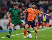 28 August 2024; Onur Ergün of Istanbul Basaksehir in action against Kian Leavy of St Patrick's Athletic during the UEFA Conference League play-off second leg match between Istanbul Basaksehir and St Patrick's Athletic at Basaksehir Faith Terim Stadium in Istanbul, Türkiye. Photo by Ozan Emre Oktay/Sportsfile