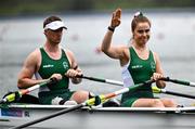 30 August 2024; Katie O’Brien, right, and Tiarnán O’Donnell of Ireland after the PR2 mixed double sculls heats on day two of the Paris 2024 Paralympic Games at Vaires-sur-Marne Nautical Stadium in Paris, France. Photo by Harry Murphy/Sportsfile